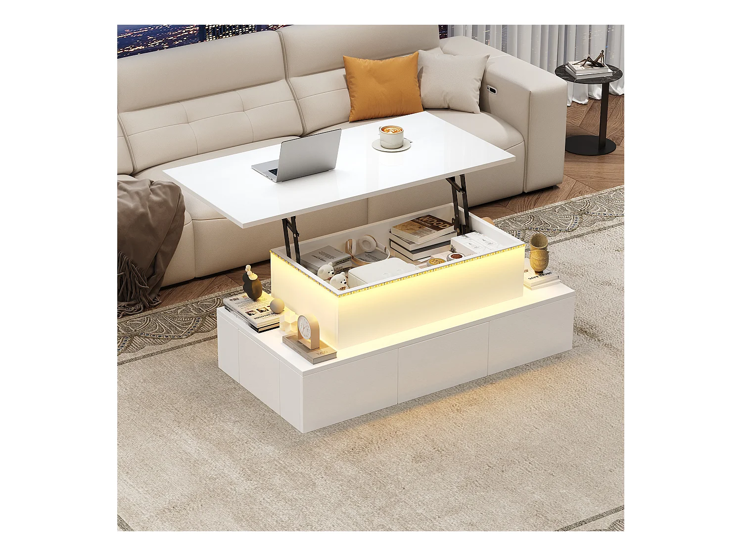 Table basse relevable - 100 x 50 x 40cm - avec 4 tiroirs + Leds + rangement caché - MDF - blanc