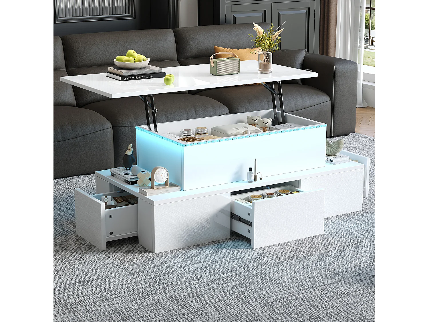 Table basse relevable - 100 x 50 x 40cm - avec 4 tiroirs + Leds + rangement caché - MDF - blanc