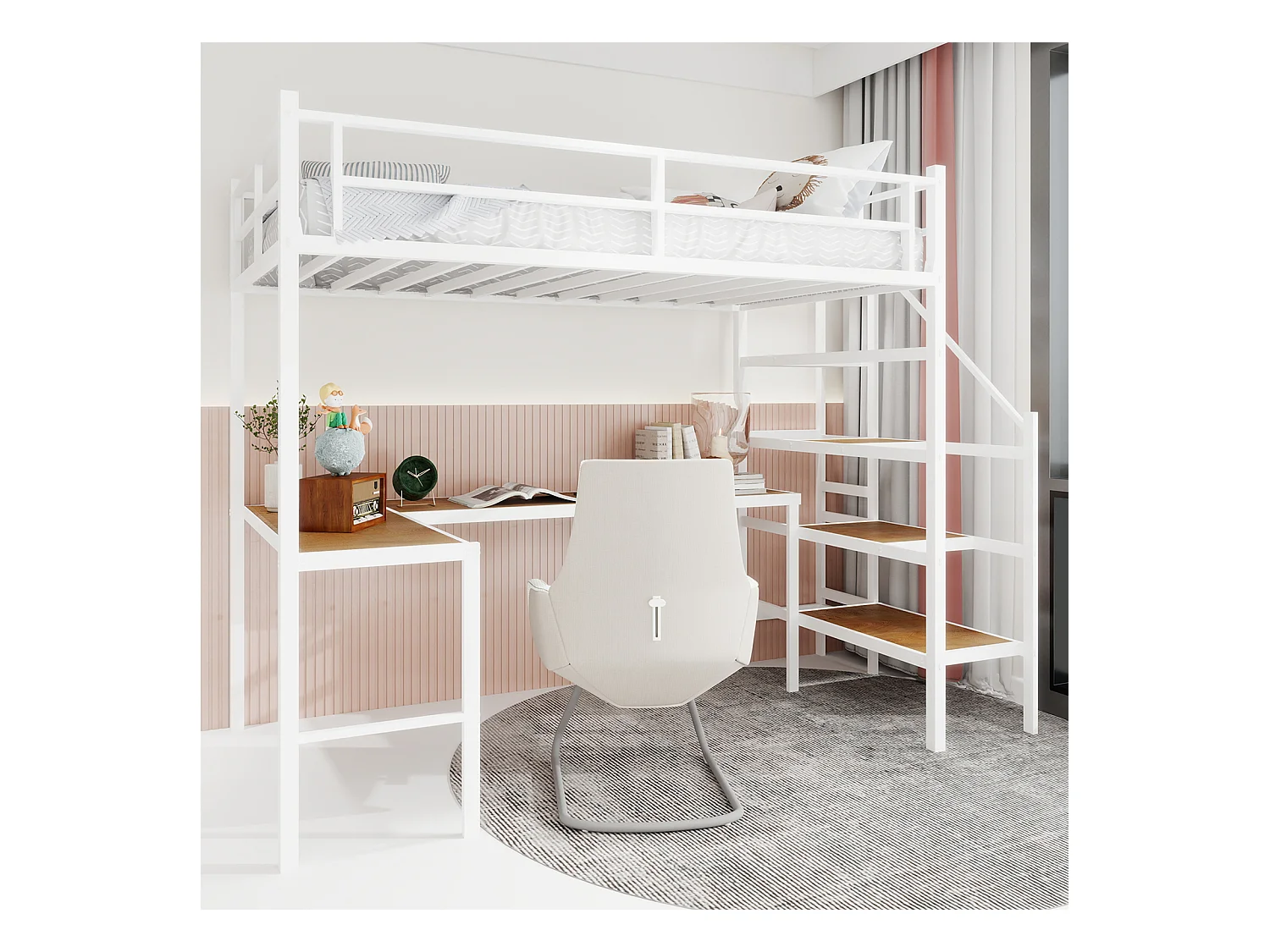 Letto a soppalco bianco 90x190cm con scrivania a L e scaletta, metallo + legno, senza materasso