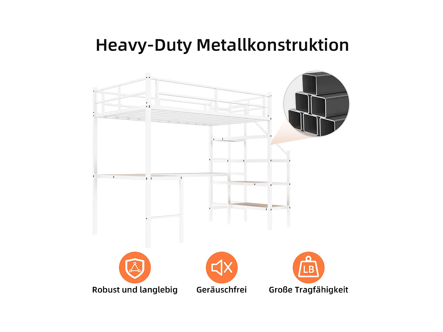Letto a soppalco bianco 90x190cm con scrivania a L e scaletta, metallo + legno, senza materasso