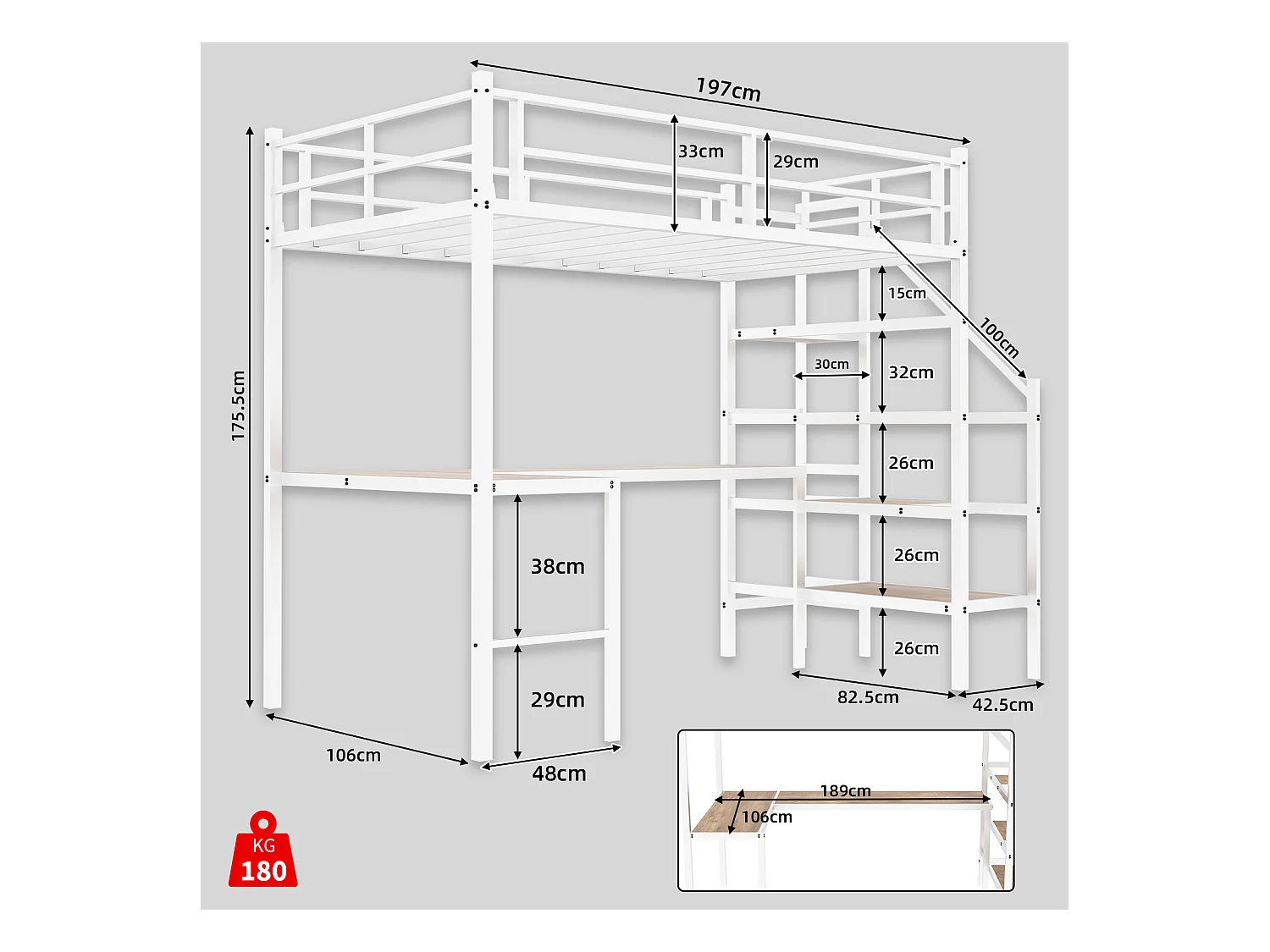 Letto a soppalco bianco 90x190cm con scrivania a L e scaletta, metallo + legno, senza materasso