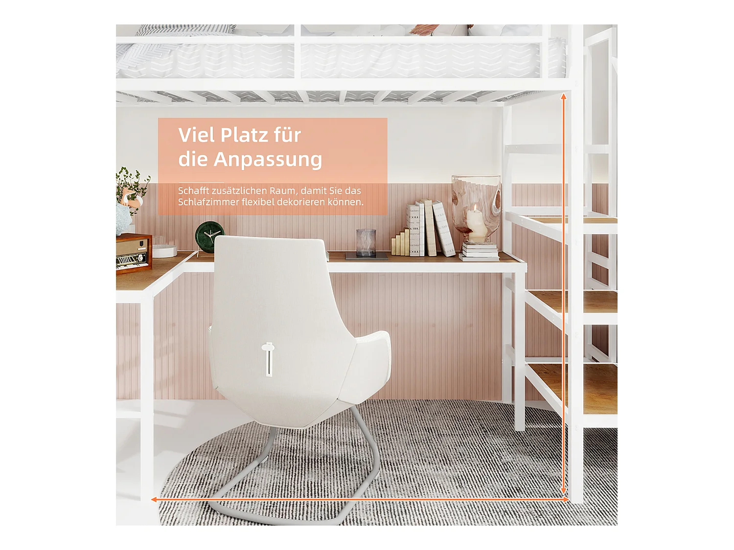 Letto a soppalco bianco 90x190cm con scrivania a L e scaletta, metallo + legno, senza materasso