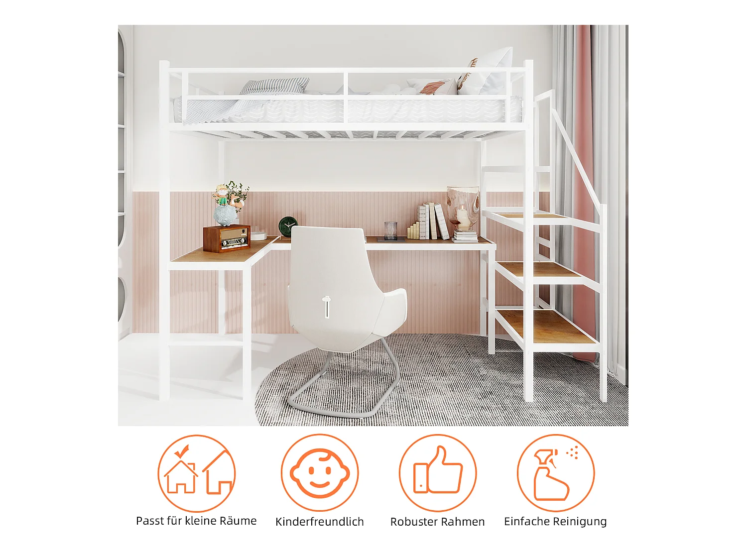 Letto a soppalco bianco 90x190cm con scrivania a L e scaletta, metallo + legno, senza materasso