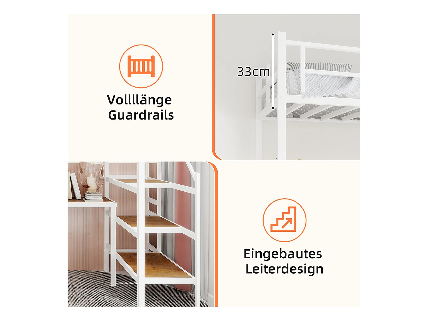 Letto a soppalco bianco 90x190cm con scrivania a L e scaletta, metallo + legno, senza materasso