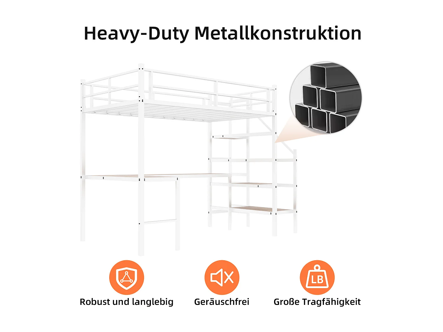 Wit mezzaninebed 90x190cm met L-vormig bureau en trap, metaal + hout, zonder matras