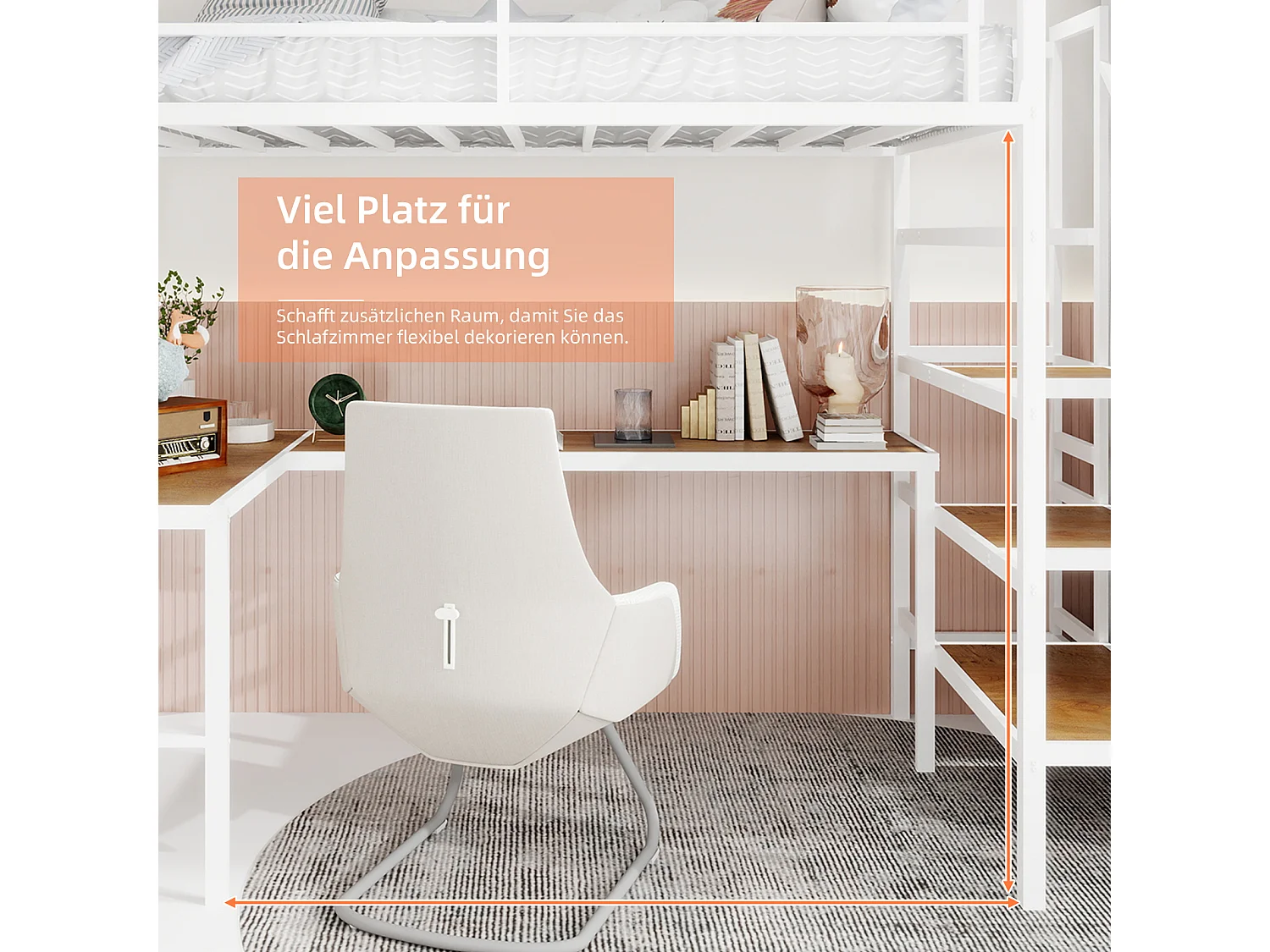 Wit mezzaninebed 90x190cm met L-vormig bureau en trap, metaal + hout, zonder matras