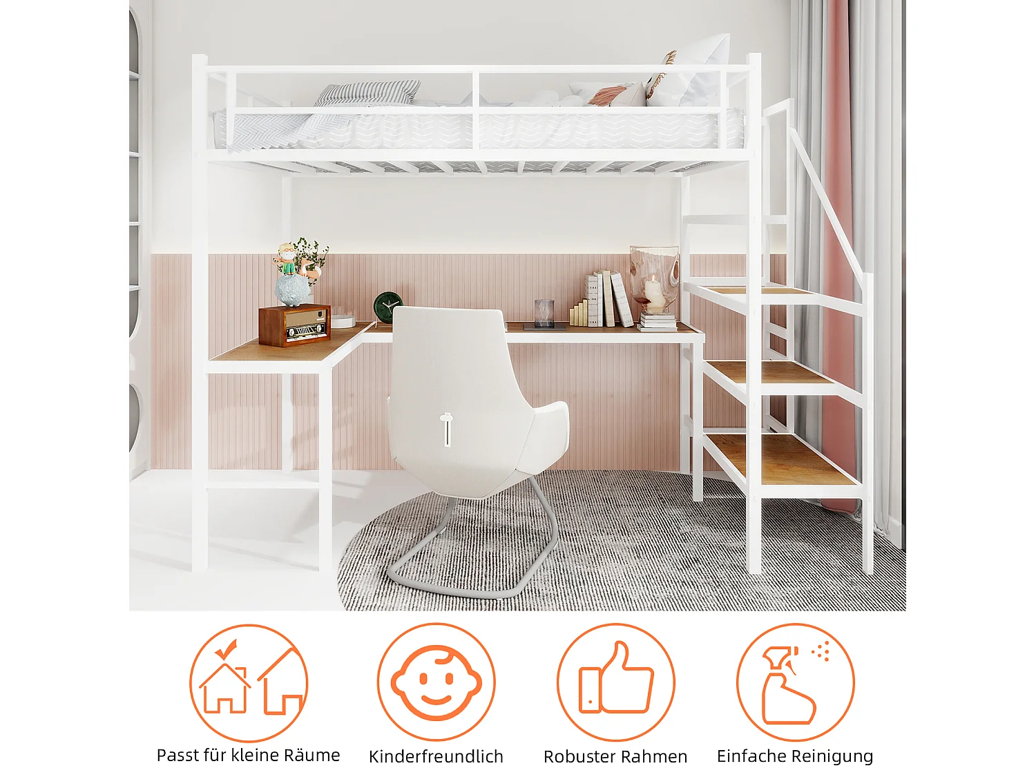 Wit mezzaninebed 90x190cm met L-vormig bureau en trap, metaal + hout, zonder matras