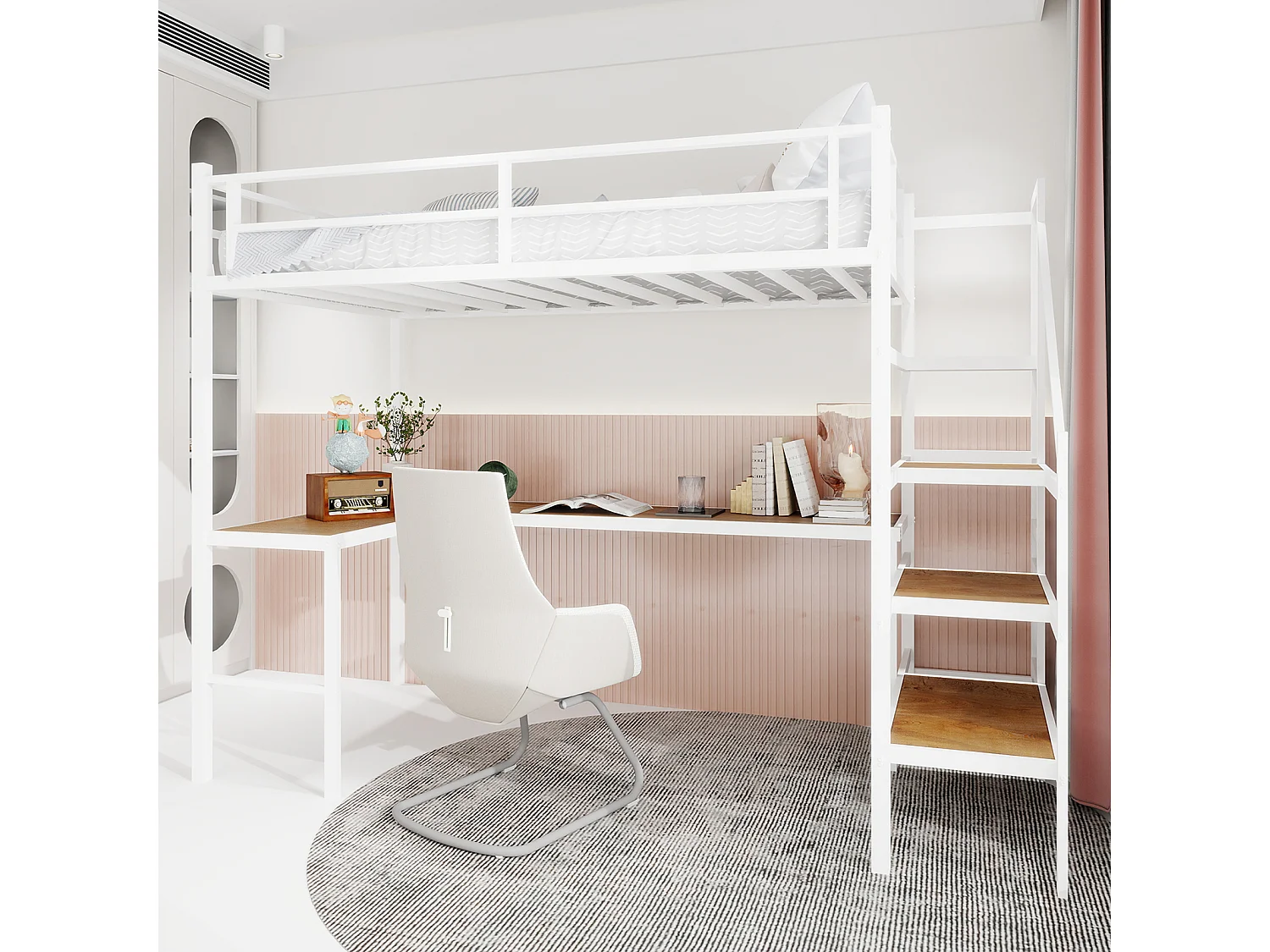 Lit mezzanine blanc 90x190cm avec bureau en L et escalier, métal + bois, sans matelas