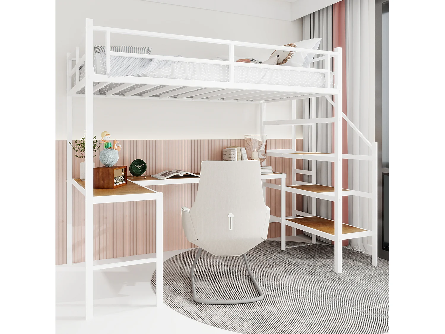 Lit mezzanine blanc 90x190cm avec bureau en L et escalier, métal + bois, sans matelas