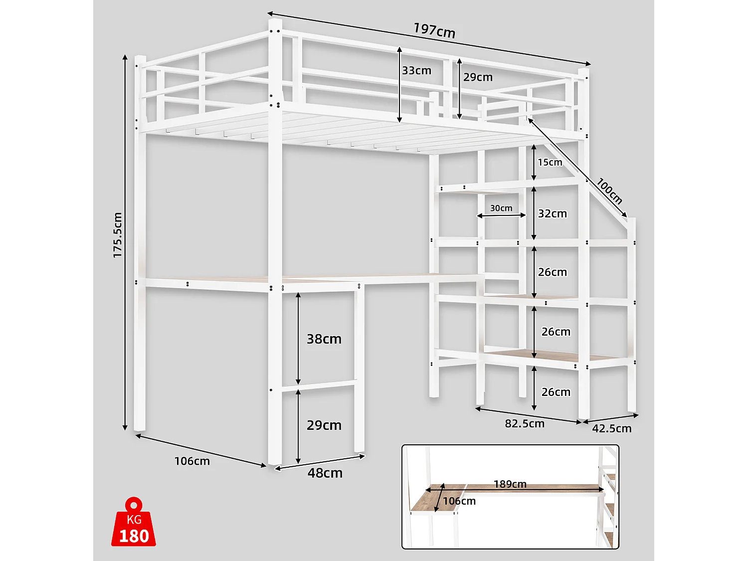 Lit mezzanine blanc 90x190cm avec bureau en L et escalier, métal + bois, sans matelas