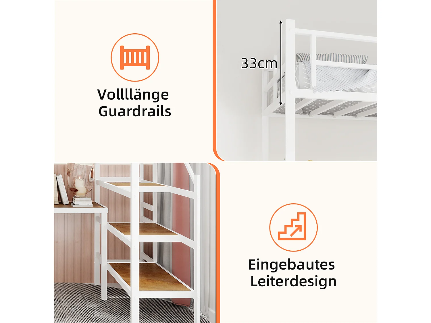 Lit mezzanine blanc 90x190cm avec bureau en L et escalier, métal + bois, sans matelas