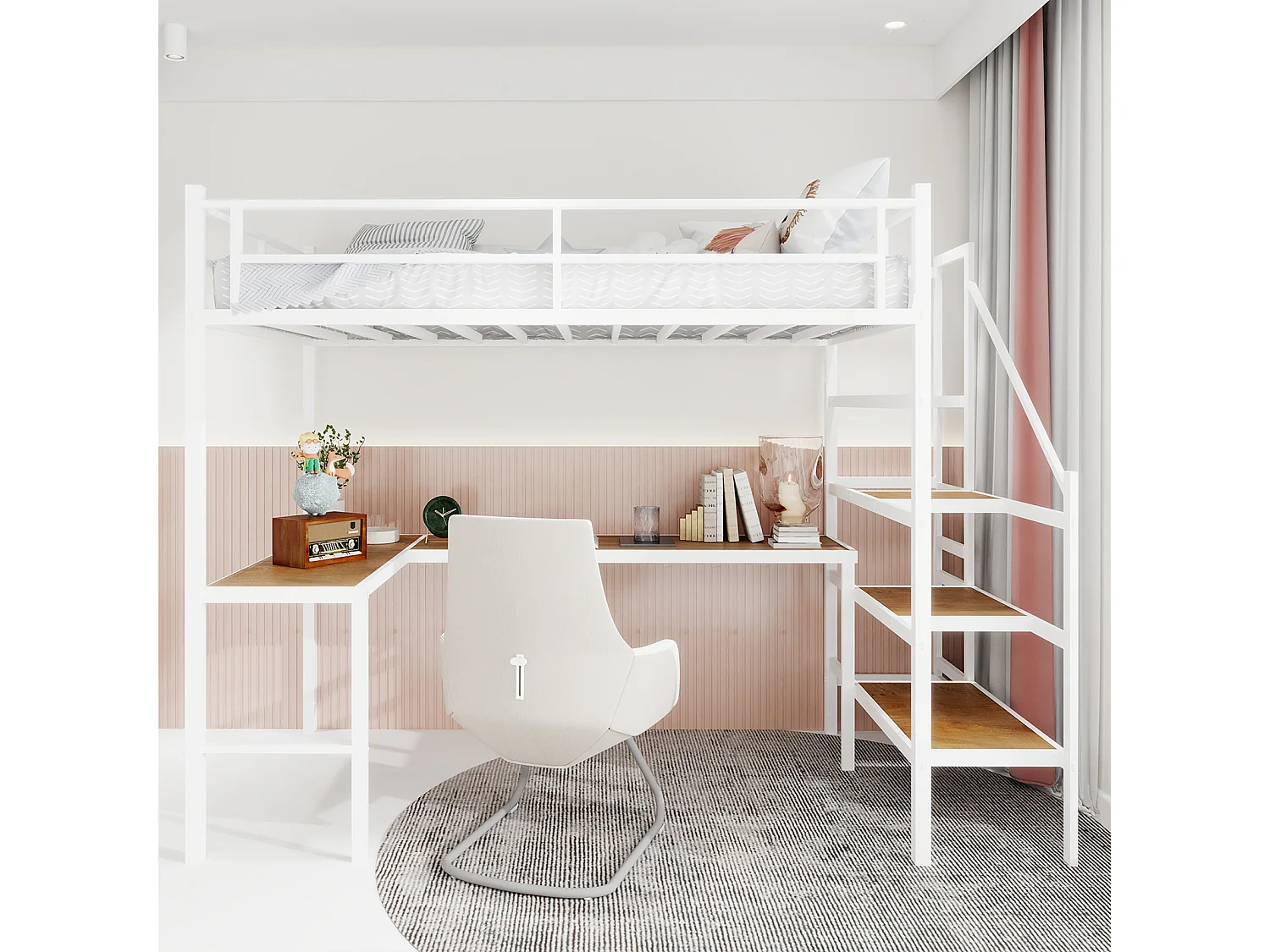 Lit mezzanine blanc 90x190cm avec bureau en L et escalier, métal + bois, sans matelas
