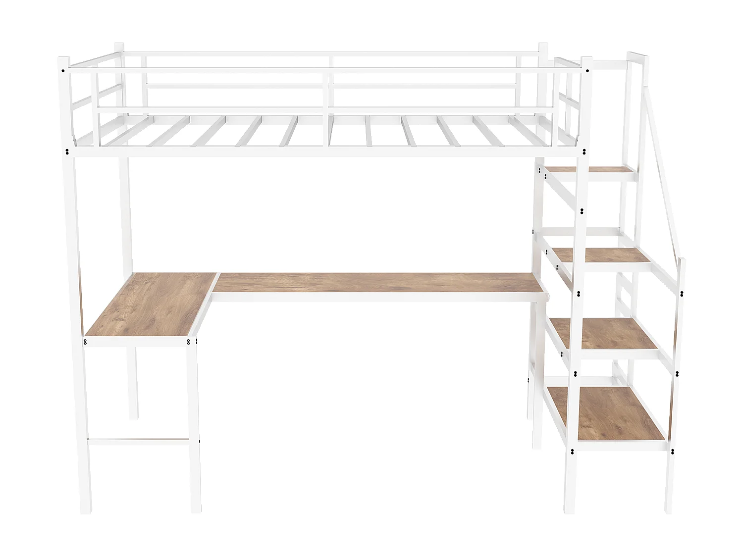 Lit mezzanine blanc 90x190cm avec bureau en L et escalier, métal + bois, sans matelas