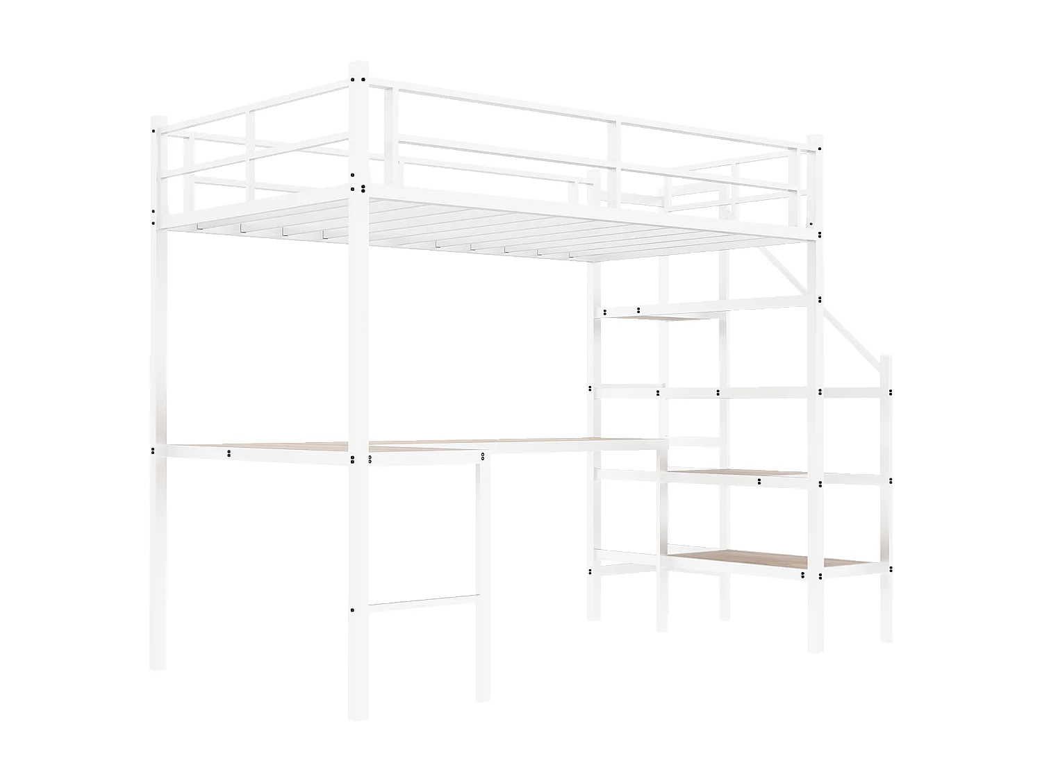 Lit mezzanine blanc 90x190cm avec bureau en L et escalier, métal + bois, sans matelas