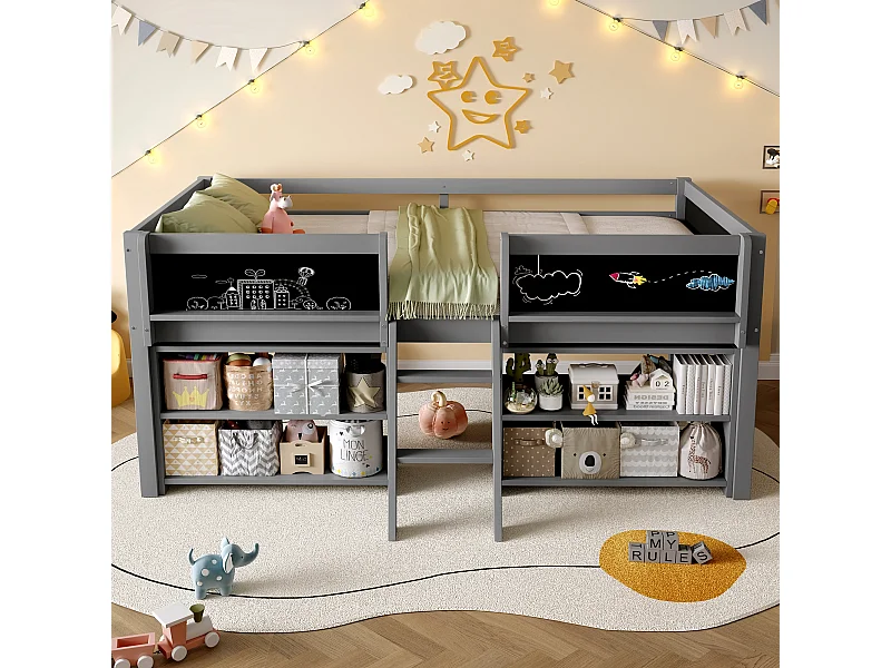 Lit mi-hauteur gris 90x200cm avec étagère de rangement et tableau noir, pin + MDF