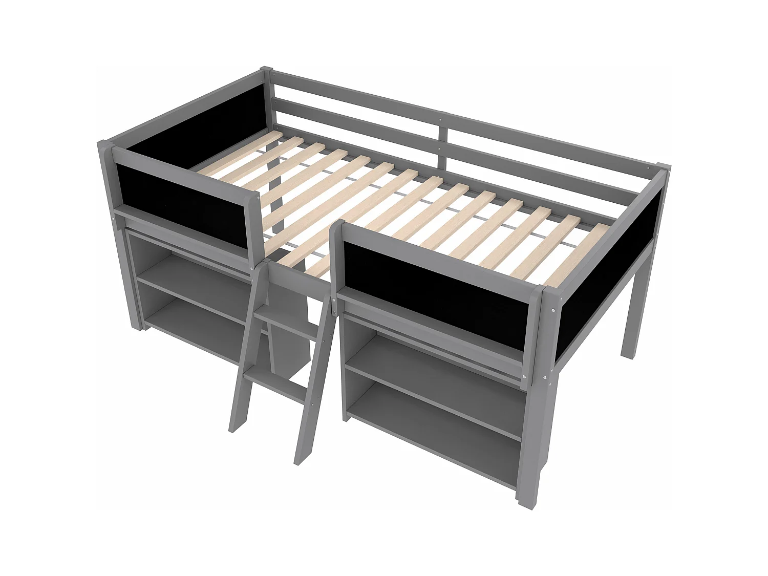 Lit mi-hauteur gris 90x200cm avec étagère de rangement et tableau noir, pin + MDF