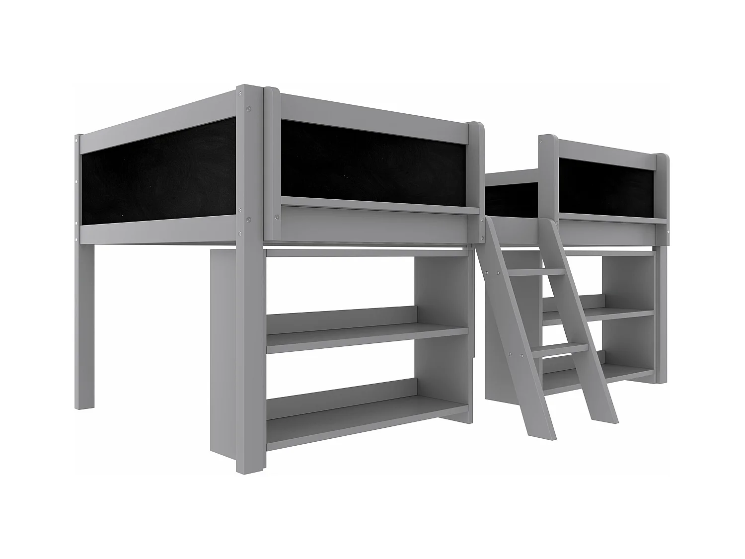 Lit mi-hauteur gris 90x200cm avec étagère de rangement et tableau noir, pin + MDF