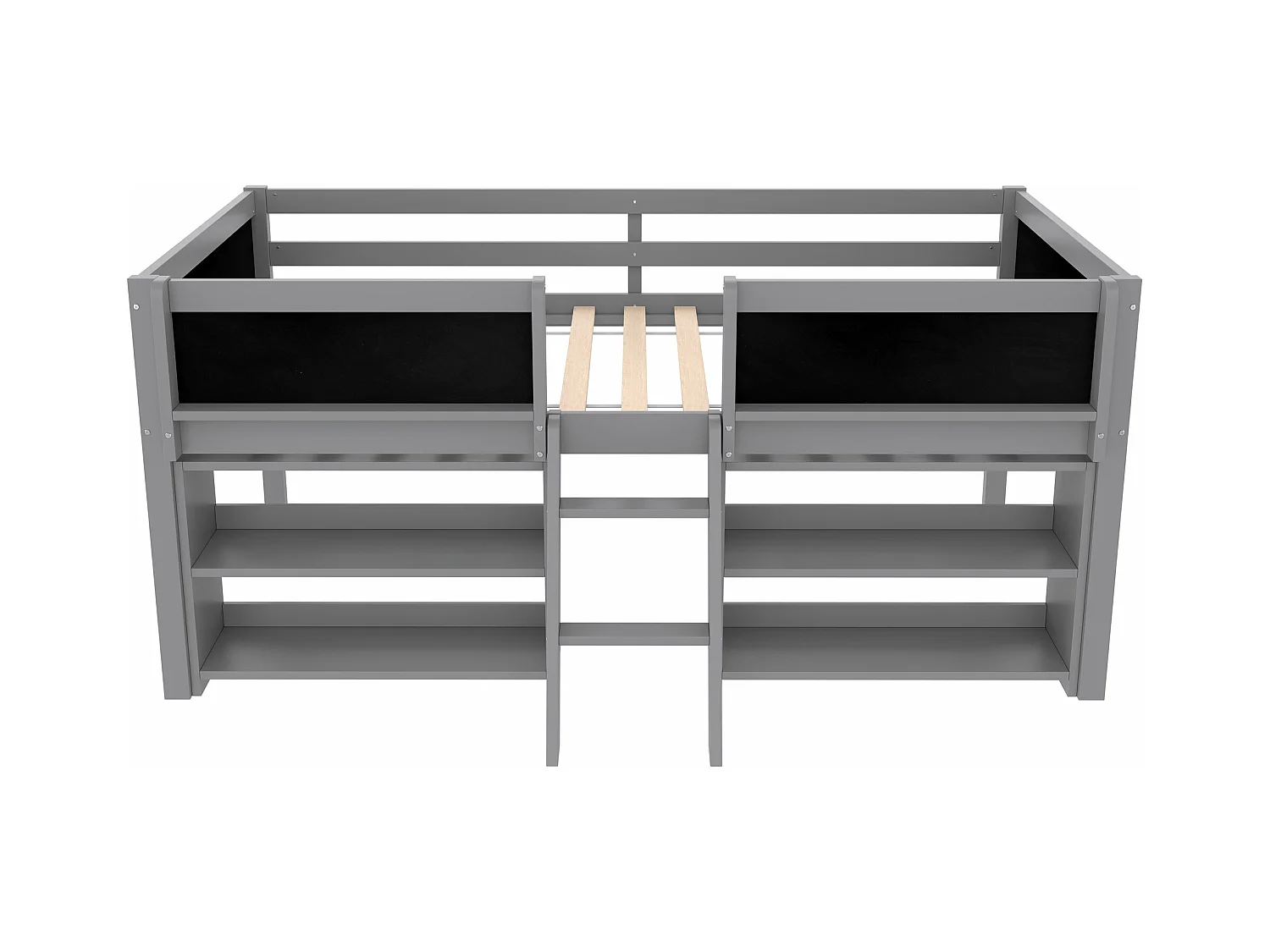 Lit mi-hauteur gris 90x200cm avec étagère de rangement et tableau noir, pin + MDF