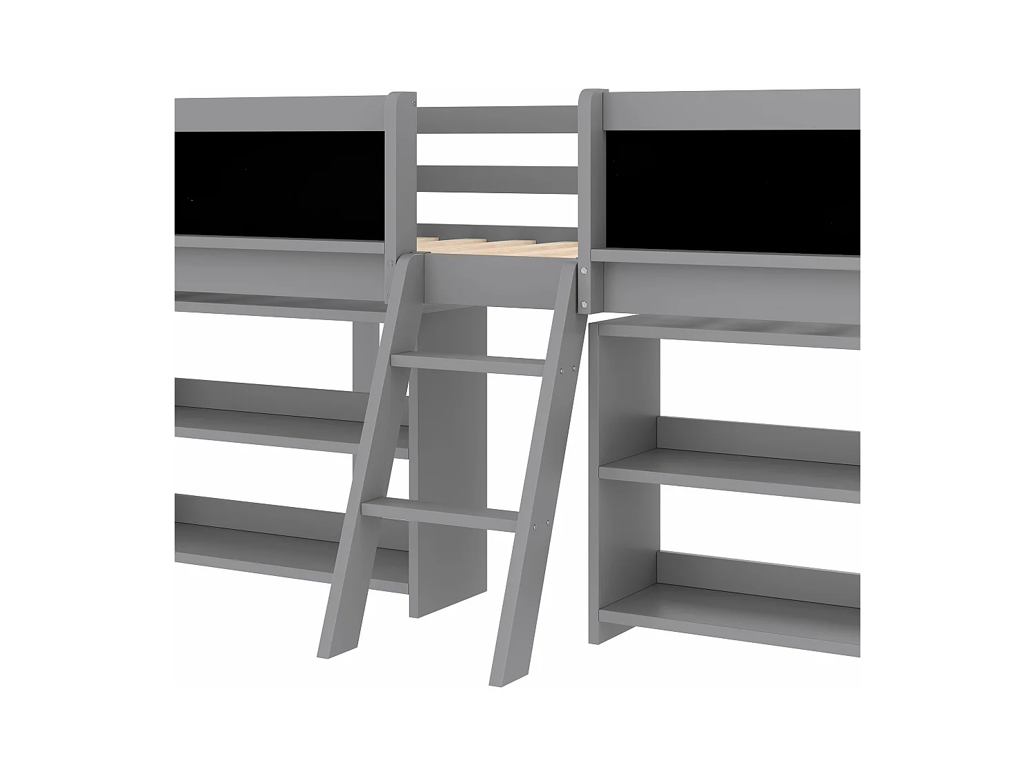 Lit mi-hauteur gris 90x200cm avec étagère de rangement et tableau noir, pin + MDF