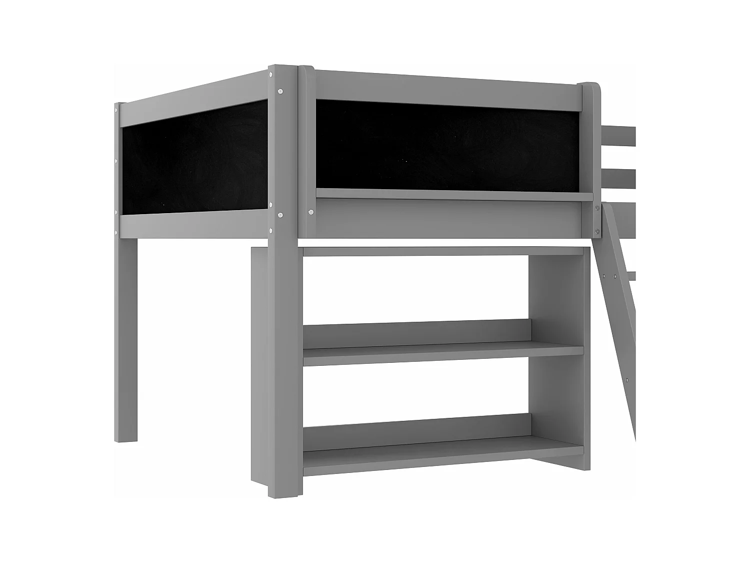 Lit mi-hauteur gris 90x200cm avec étagère de rangement et tableau noir, pin + MDF