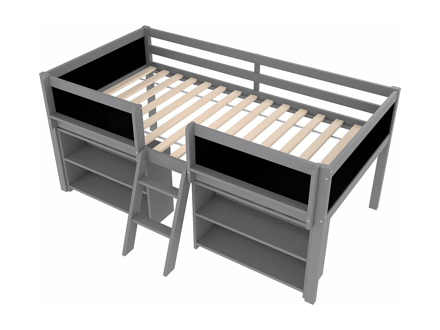 Lit mi-hauteur gris 90x200cm avec étagère de rangement et tableau noir, pin + MDF