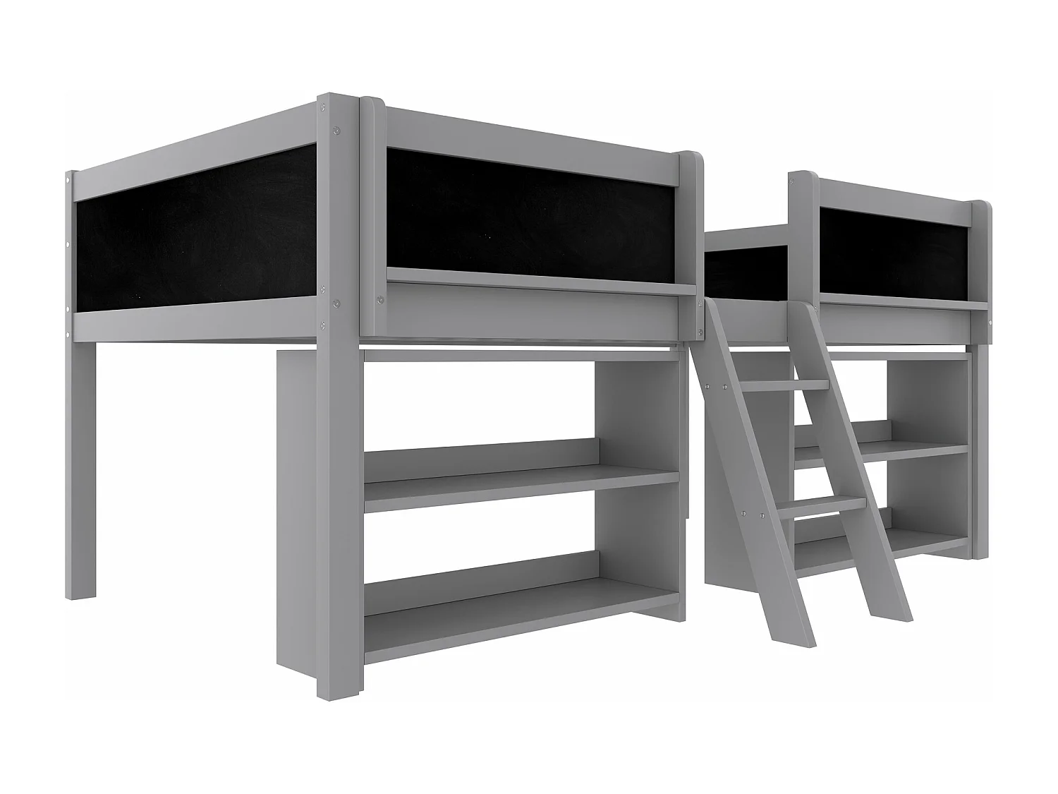 Lit mi-hauteur gris 90x200cm avec étagère de rangement et tableau noir, pin + MDF