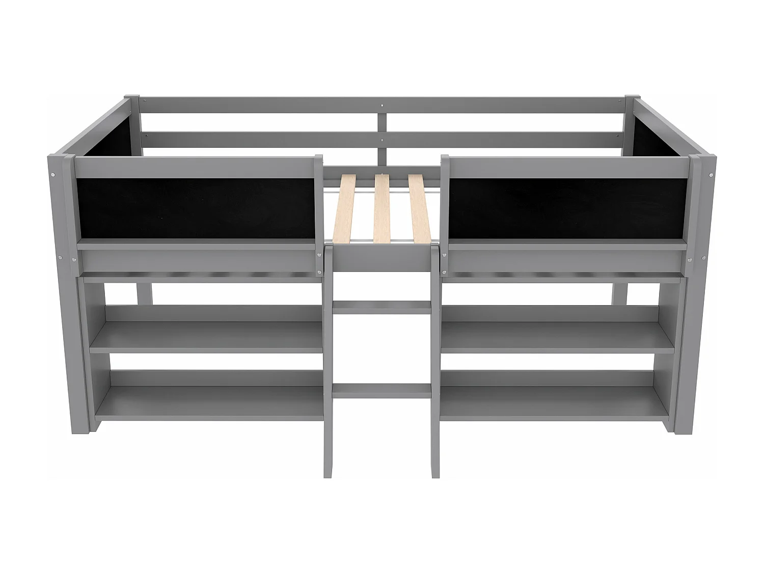 Lit mi-hauteur gris 90x200cm avec étagère de rangement et tableau noir, pin + MDF