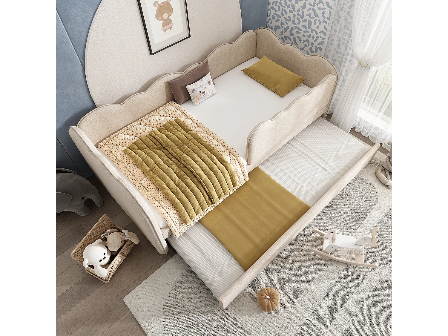 Lit Banquette capitonné 90×190 cm, lit d’appoint extensible avec sommier, tissu lin beige, sans matelas
