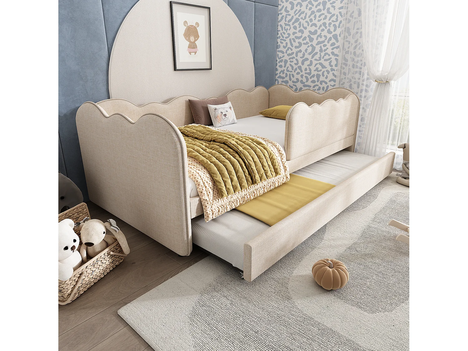 Lit Banquette capitonné 90×190 cm, lit d’appoint extensible avec sommier, tissu lin beige, sans matelas