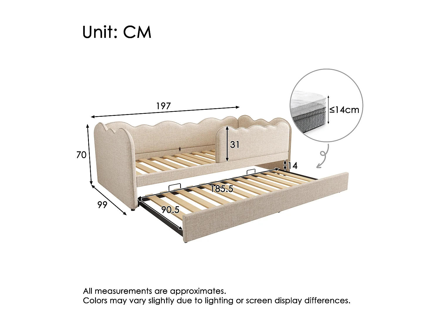Lit Banquette capitonné 90×190 cm, lit d’appoint extensible avec sommier, tissu lin beige, sans matelas