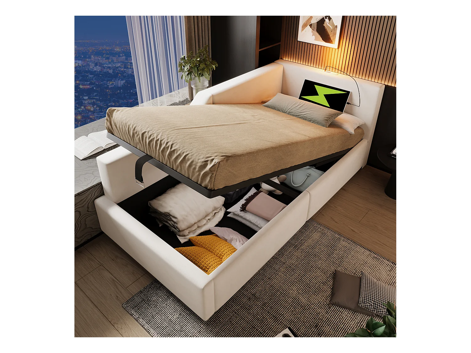 Lit banquette capitonné 90×190 cm, canapé-lit avec coffre hydraulique, lumière de lecture et port USB-C, velours beige, sans matelas
