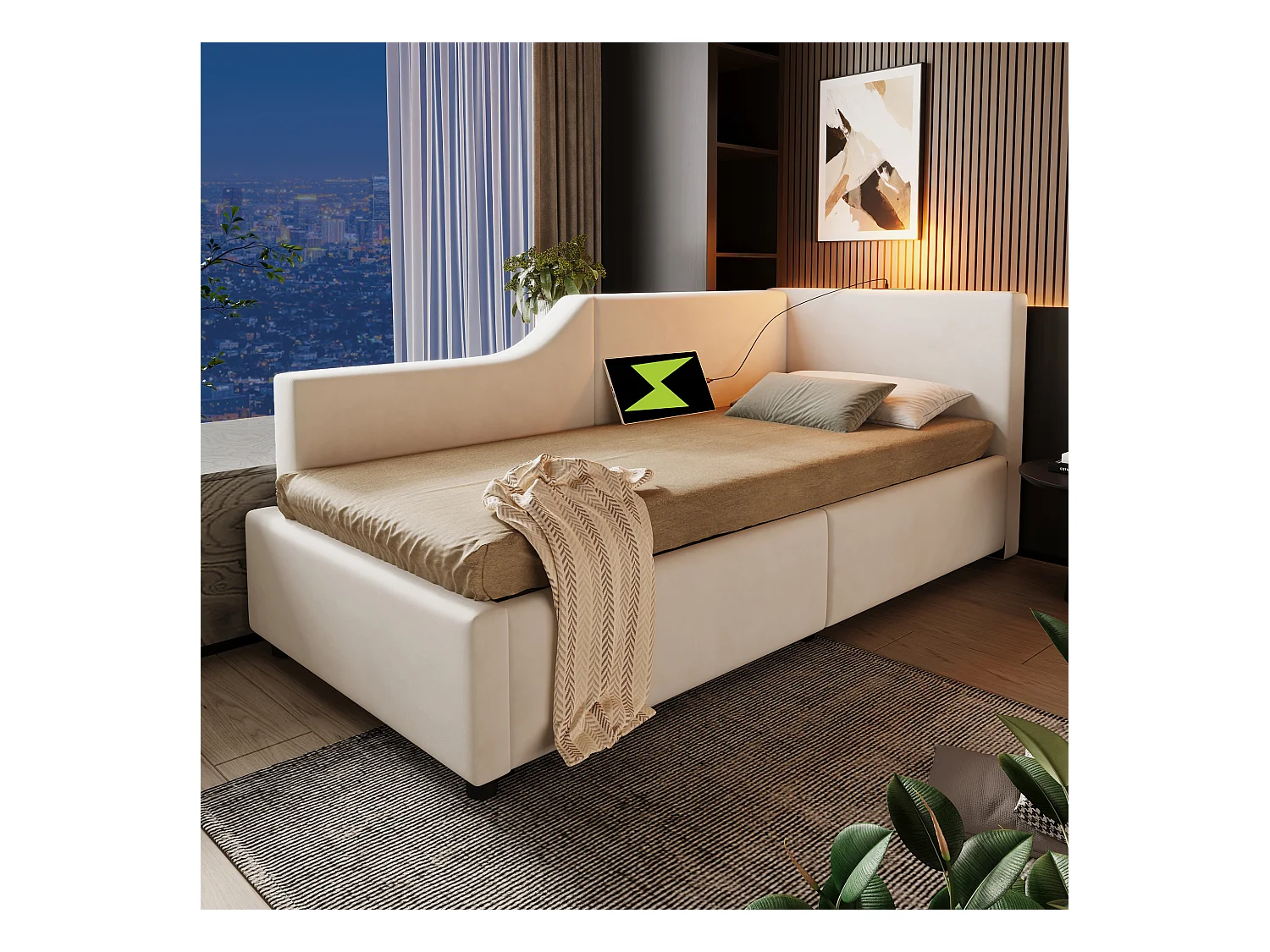 Lit banquette capitonné 90×190 cm, canapé-lit avec coffre hydraulique, lumière de lecture et port USB-C, velours beige, sans matelas
