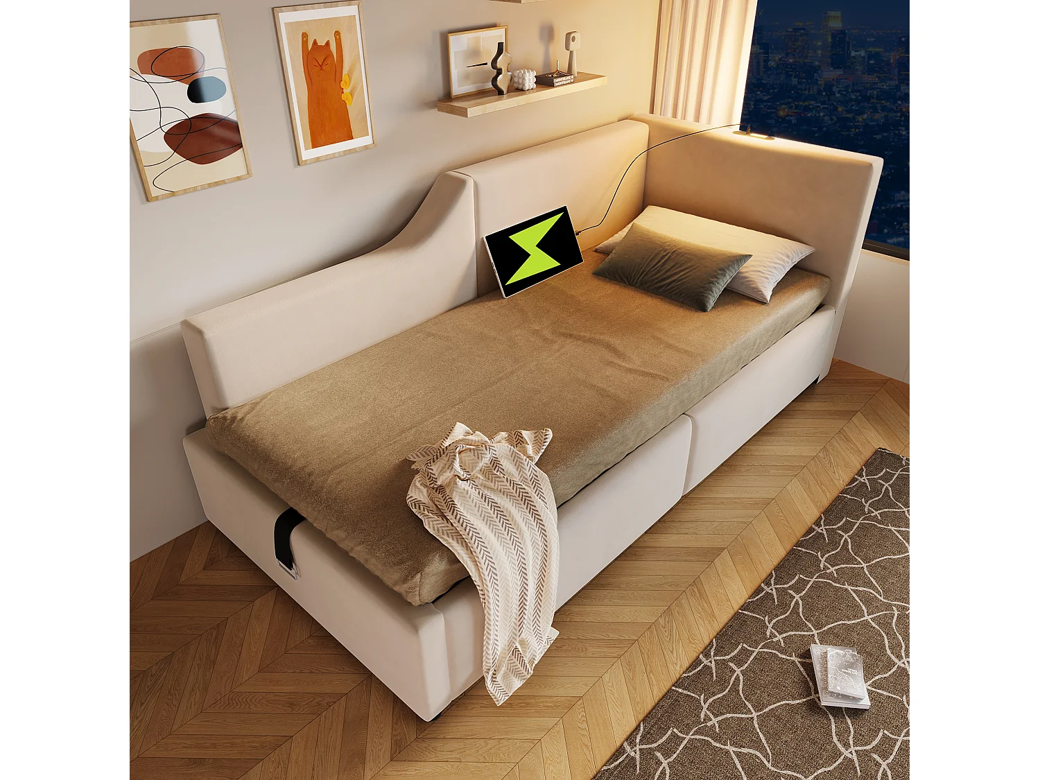 Lit banquette capitonné 90×190 cm, canapé-lit avec coffre hydraulique, lumière de lecture et port USB-C, velours beige, sans matelas
