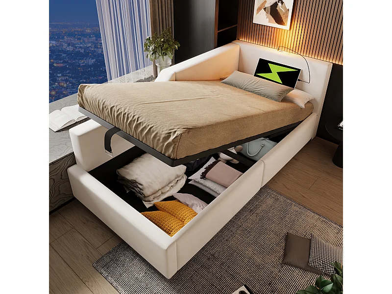 Lit banquette capitonné 90×190 cm, canapé-lit avec coffre hydraulique, lumière de lecture et port USB-C, velours beige, sans matelas