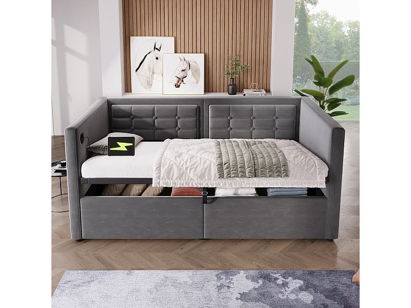 Sofa-lit capitonné 90×200 cm, lit individuel avec coffre & ports USB/Type-C, velours gris, sans matelas