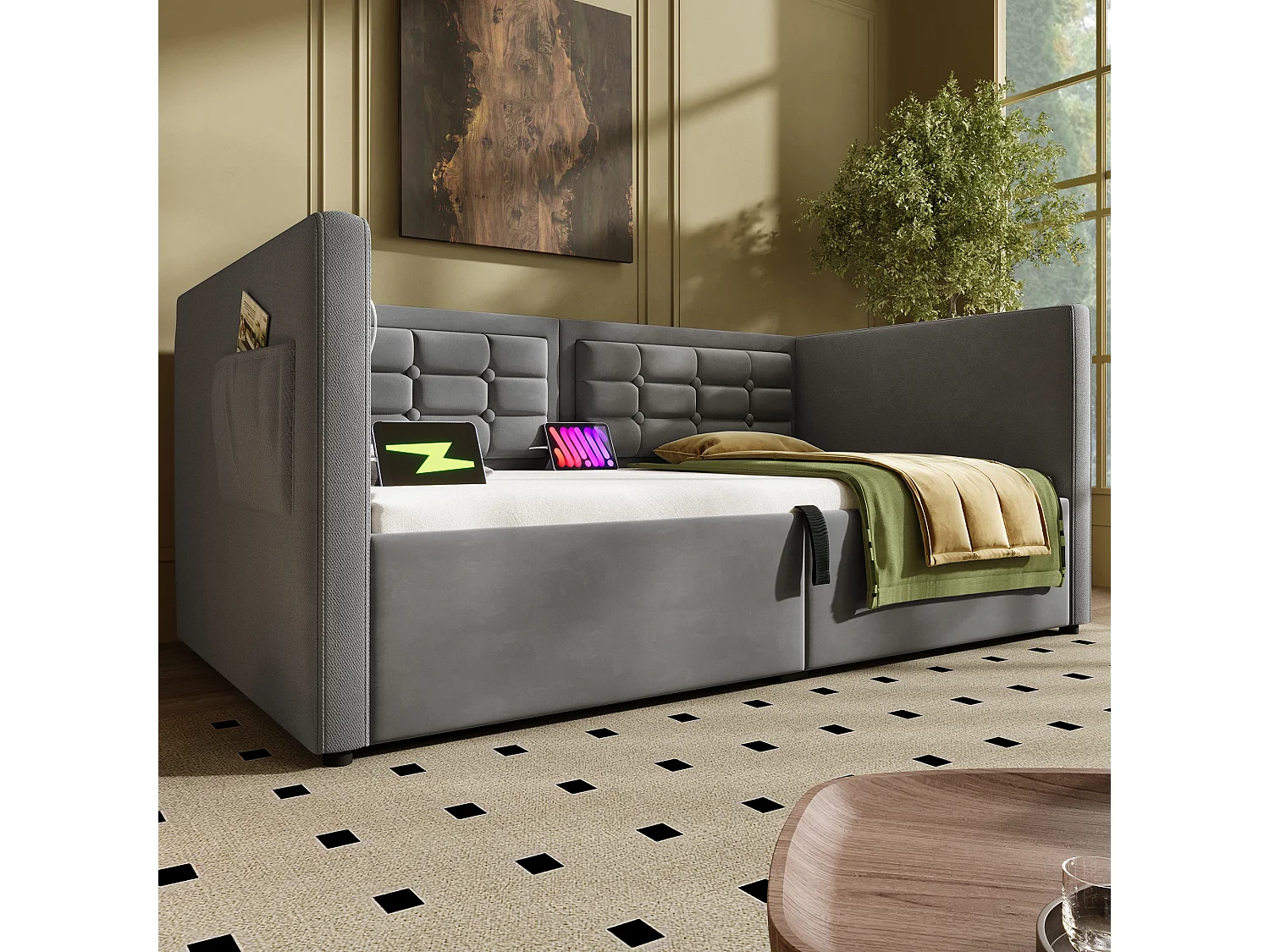 Sofa-lit capitonné 90×200 cm, lit individuel avec coffre & ports USB/Type-C, velours gris, sans matelas