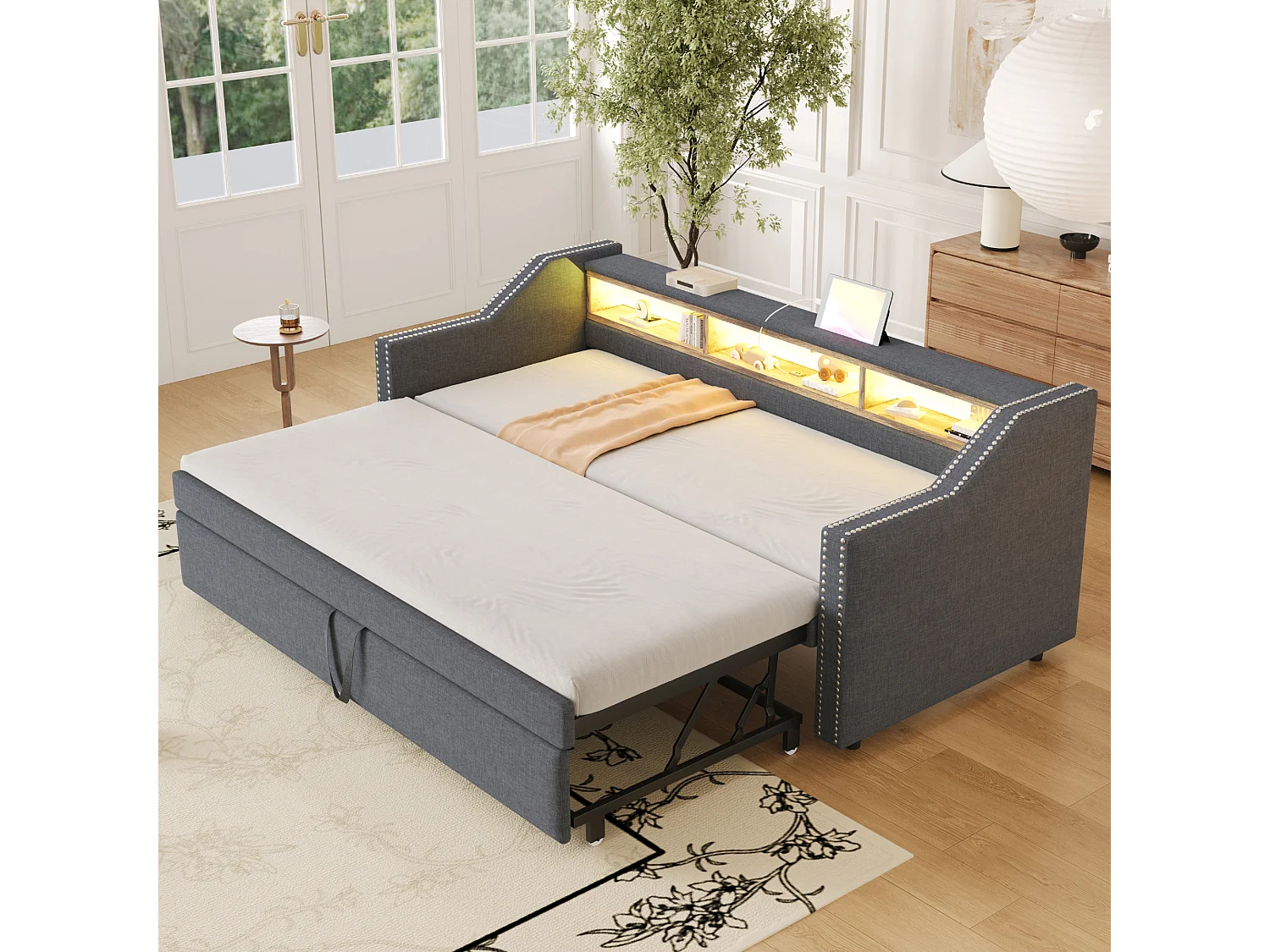 Lit rembourré extensible 90/180x190 cm en lin gris foncé, canapé-lit avec LED, port USB et rangement pratique