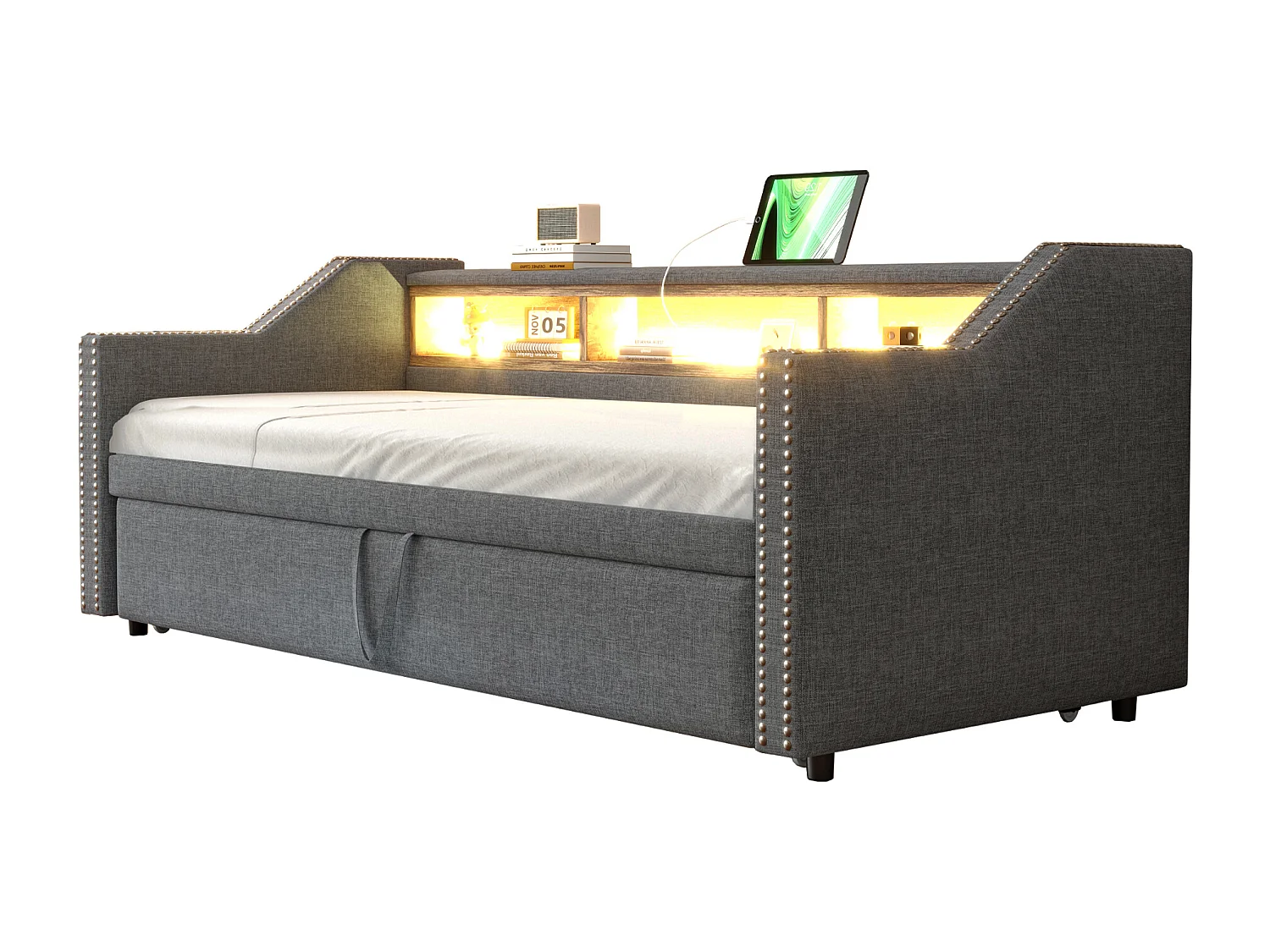 Lit rembourré extensible 90/180x190 cm en lin gris foncé, canapé-lit avec LED, port USB et rangement pratique