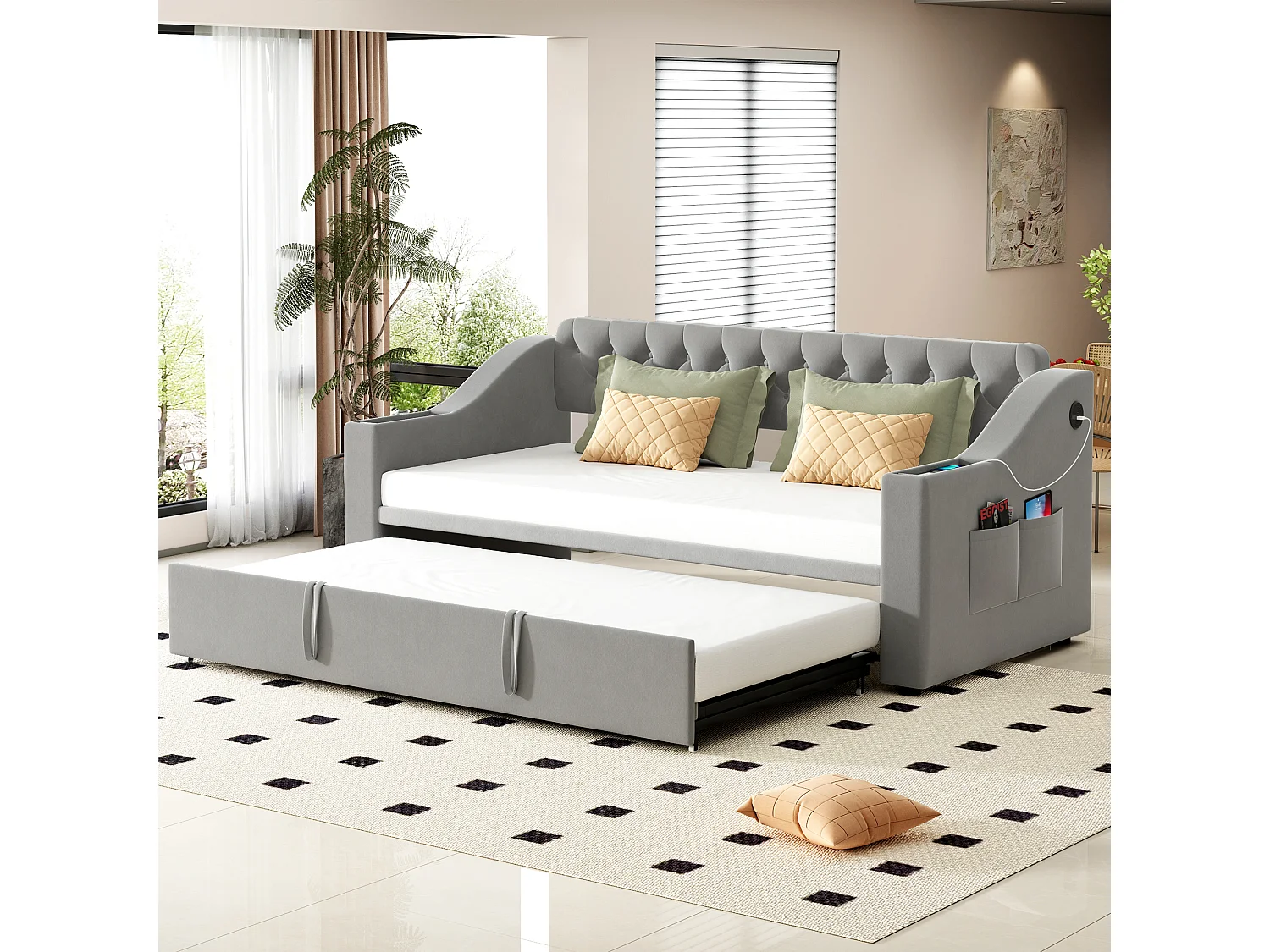 Canapé-lit rembourré 90/180x190 cm, accoudoirs épais avec port USB, poches de rangement, velours gris