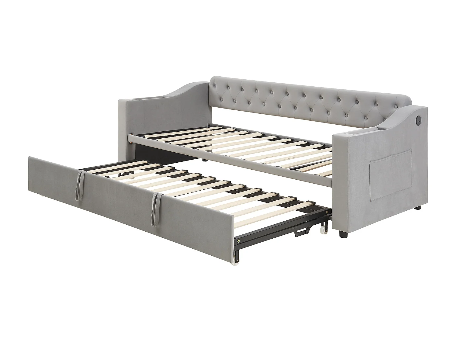 Canapé-lit rembourré 90/180x190 cm, accoudoirs épais avec port USB, poches de rangement, velours gris