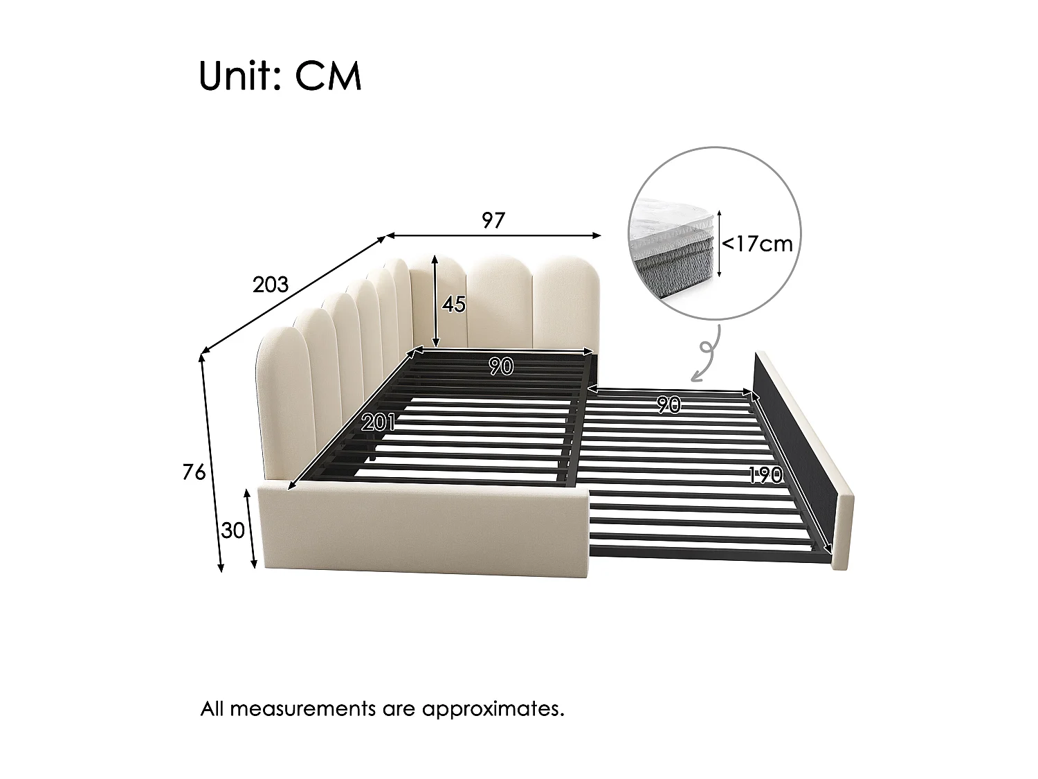 Lit banquette capitonné 90×200 cm, canapé-lit extensible 90×190 cm avec sommier, velours beige, sans matelas