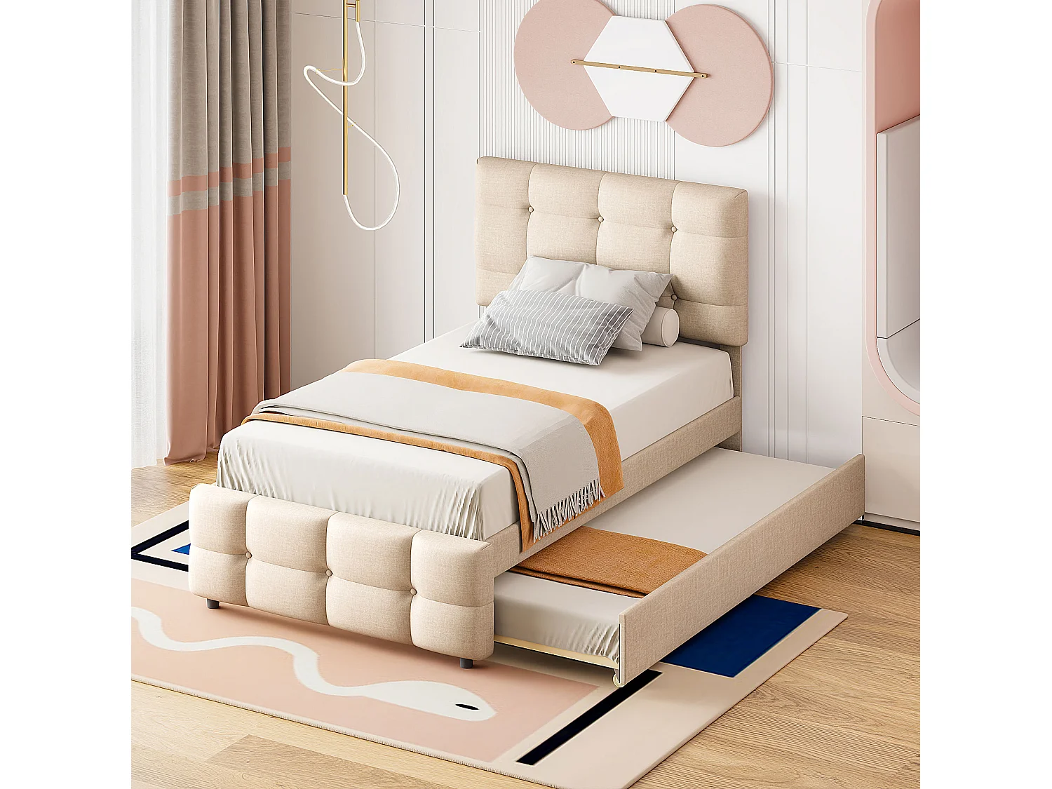 Lit rembourré 90x200 cm extensible pour enfant, tête de lit réglable, revêtement en lin beige doux