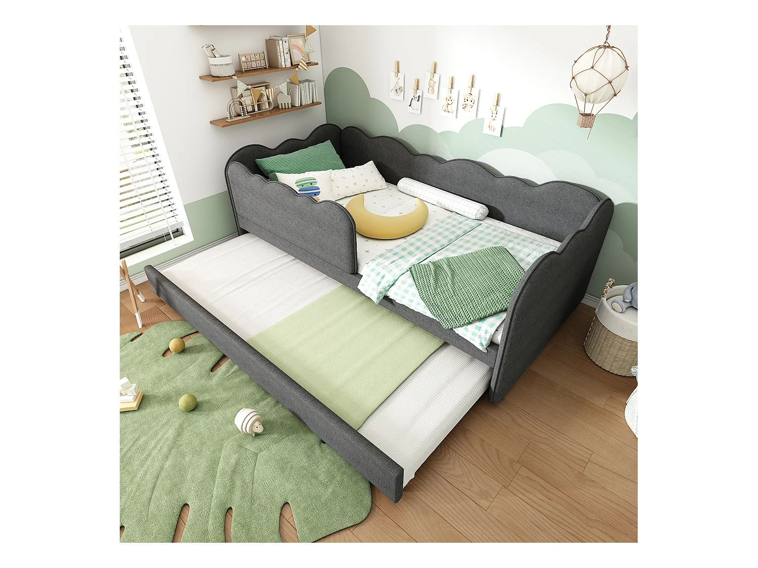 Lit Banquette capitonné 90×190 cm, lit d’appoint extensible avec sommier, tissu lin gris, sans matelas