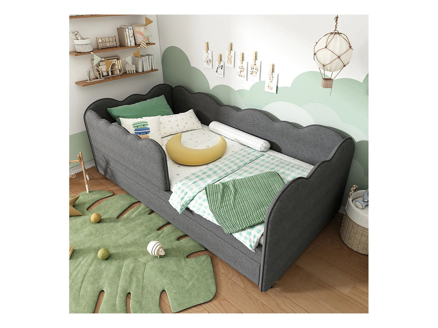 Lit Banquette capitonné 90×190 cm, lit d’appoint extensible avec sommier, tissu lin gris, sans matelas