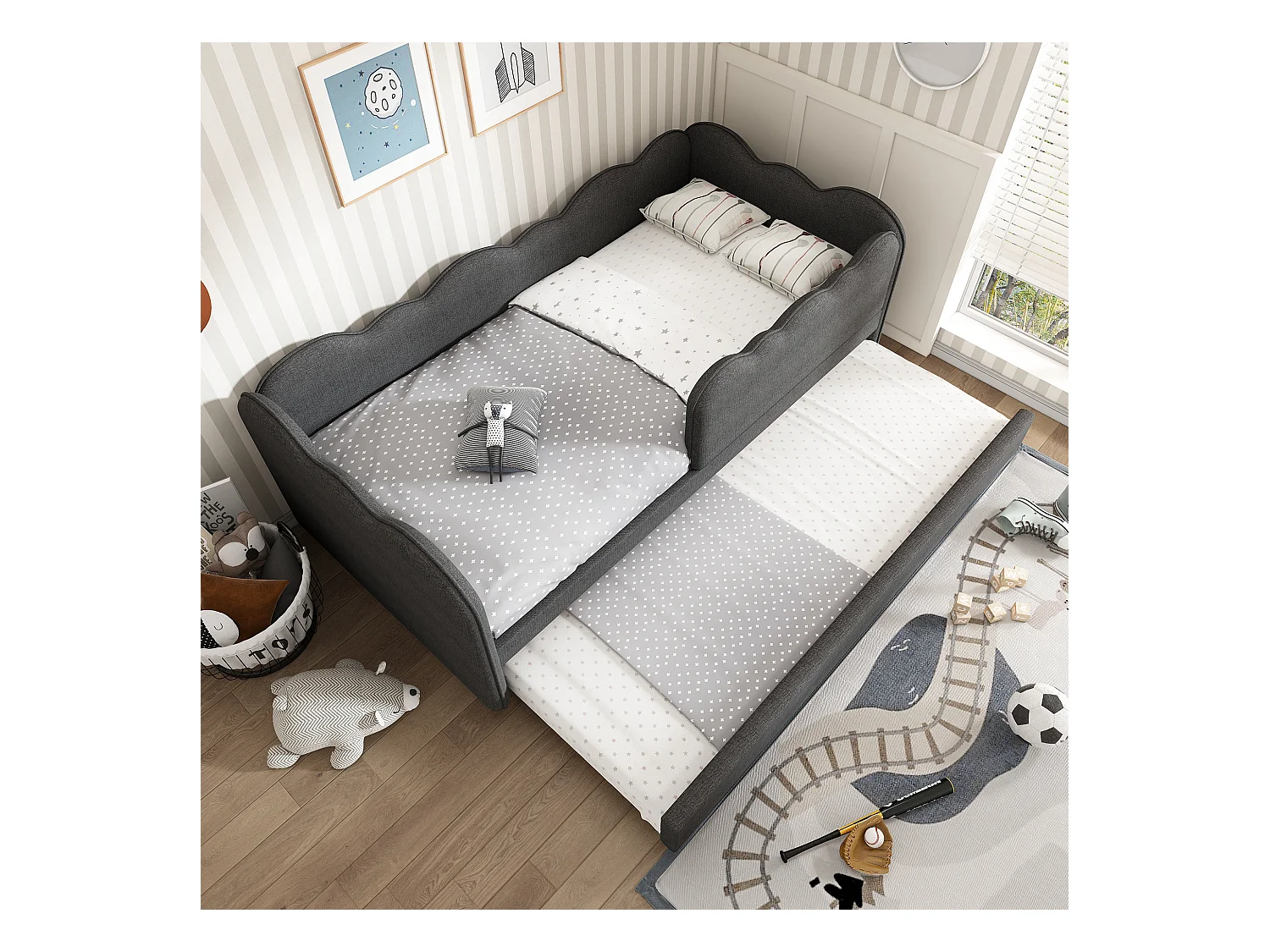 Lit Banquette capitonné 90×190 cm, lit d’appoint extensible avec sommier, tissu lin gris, sans matelas