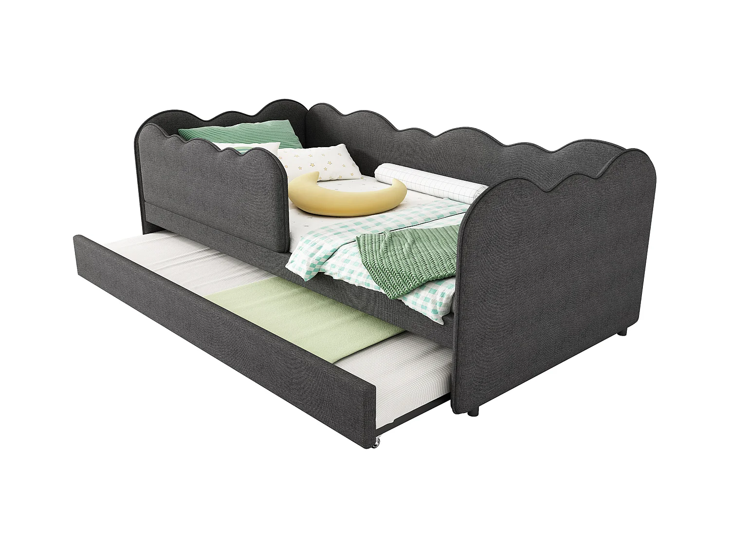Lit Banquette capitonné 90×190 cm, lit d’appoint extensible avec sommier, tissu lin gris, sans matelas