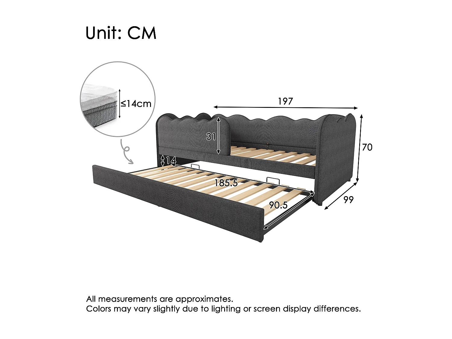Lit Banquette capitonné 90×190 cm, lit d’appoint extensible avec sommier, tissu lin gris, sans matelas