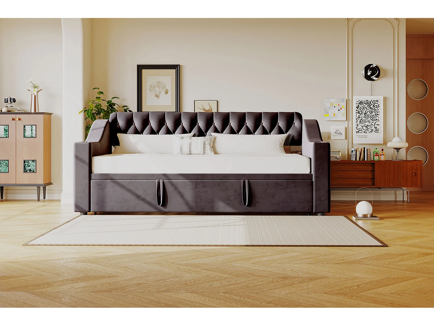 Canapé-lit rembourré 90/180x190 cm, accoudoirs épais avec port USB, rangement intégré, velours gris foncé