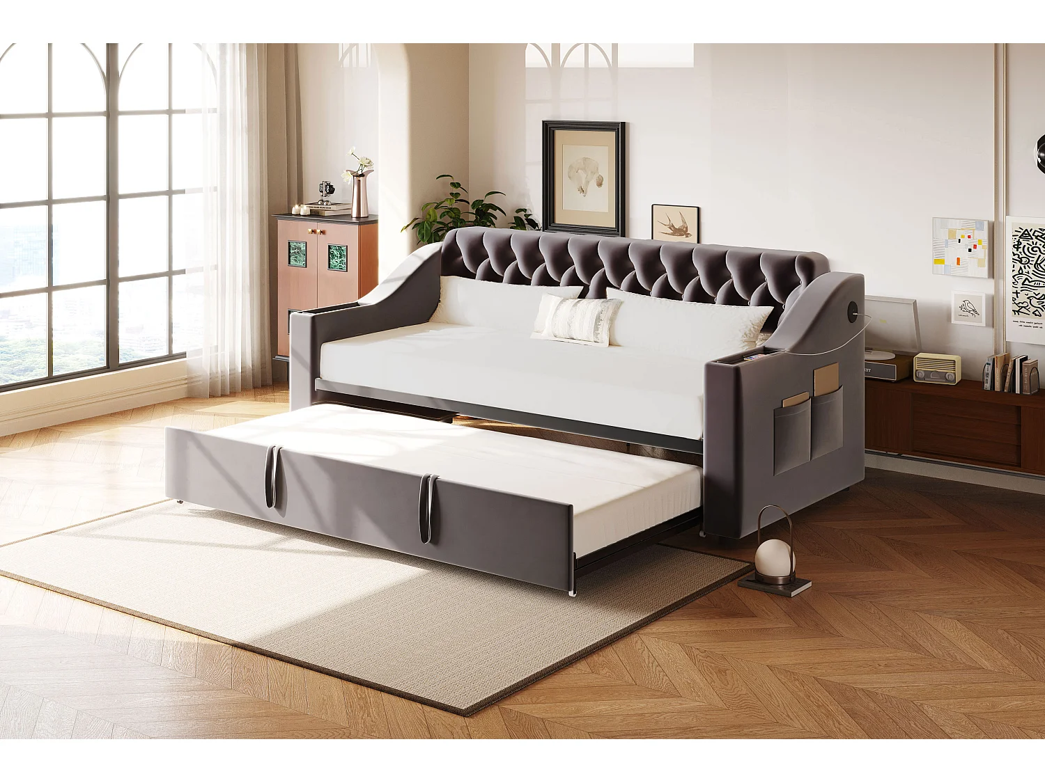 Canapé-lit rembourré 90/180x190 cm, accoudoirs épais avec port USB, rangement intégré, velours gris foncé