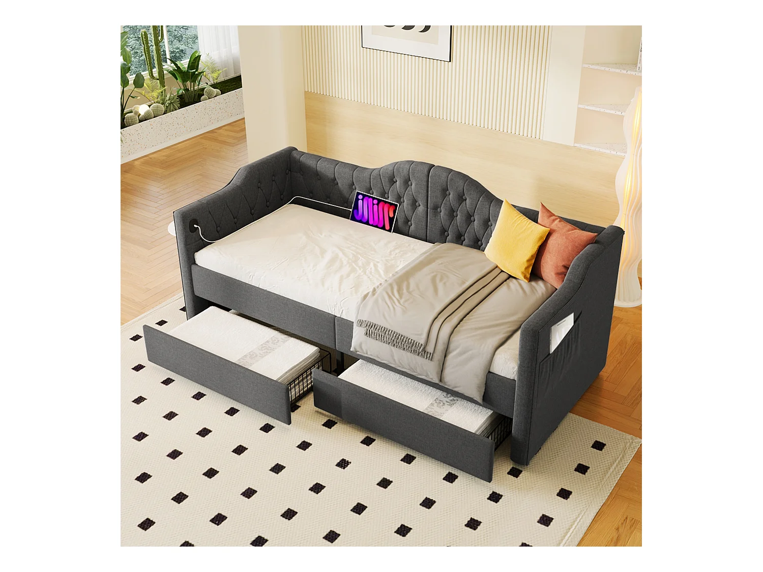 Lit banquette capitonné 90×200 cm, canapé-lit avec 2 tiroirs et ports USB-C, tissu lin gris, sans matelas